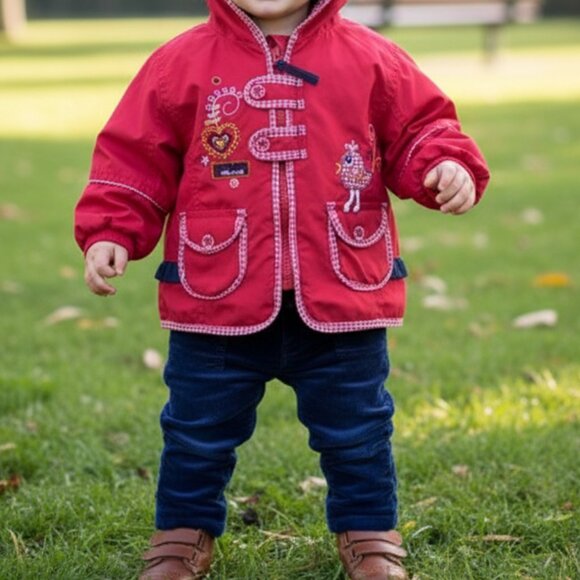 Peluche & Tartine Red Hooded Fleece Lined Hearts Bird Jacket 12 Months - Picture 13 of 15